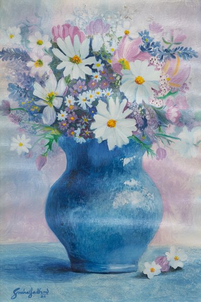 Pastel Serenity | Blue Vase Floral Oil Painting