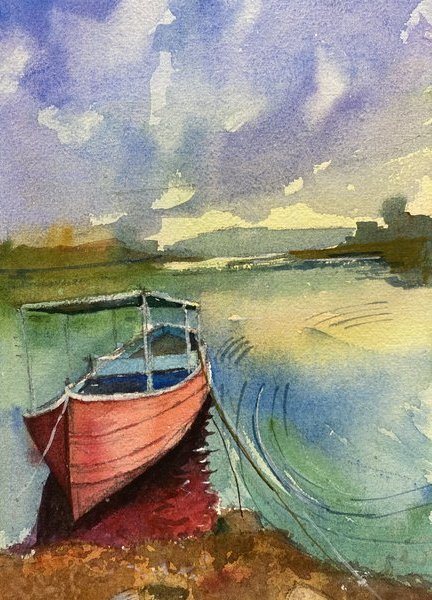 Evening Shore | Boat Watercolor Art