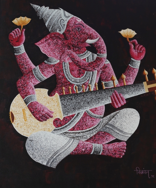 Ganesha With String Instrument | Contemporary Spiritual Acrylic Painting