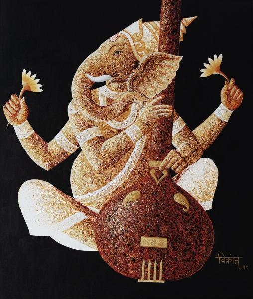 Ganesha With Tanpura Devotional Painting
