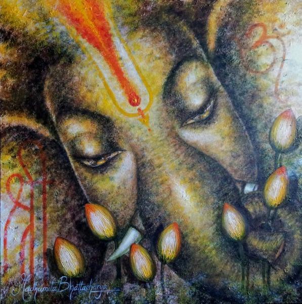 Shri Ganesh devotional painting with lotus buds