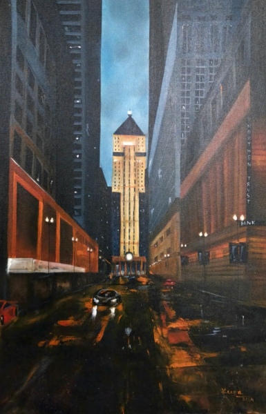 Chic-ago Downtown Night Cityscape Painting