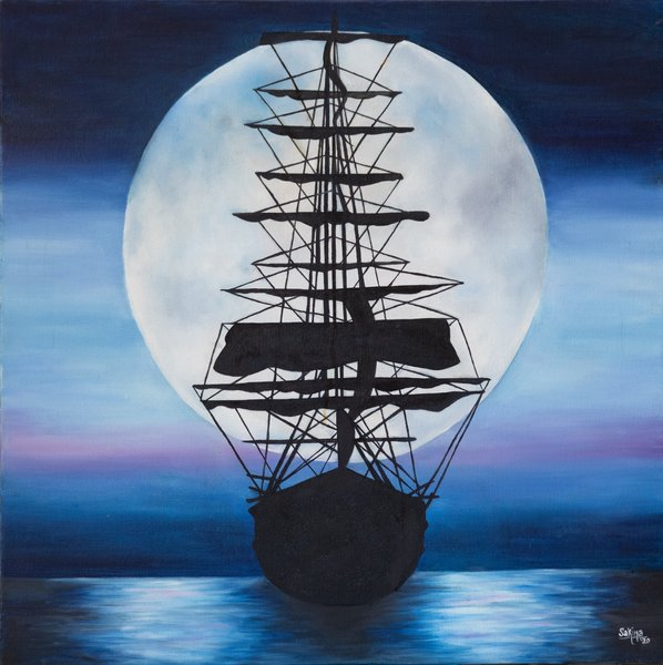 Ship in the Night Sky | Original Oil Painting