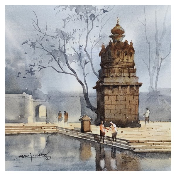 Krishna River Ghat Landscape | Spiritual Indian Wall Decor