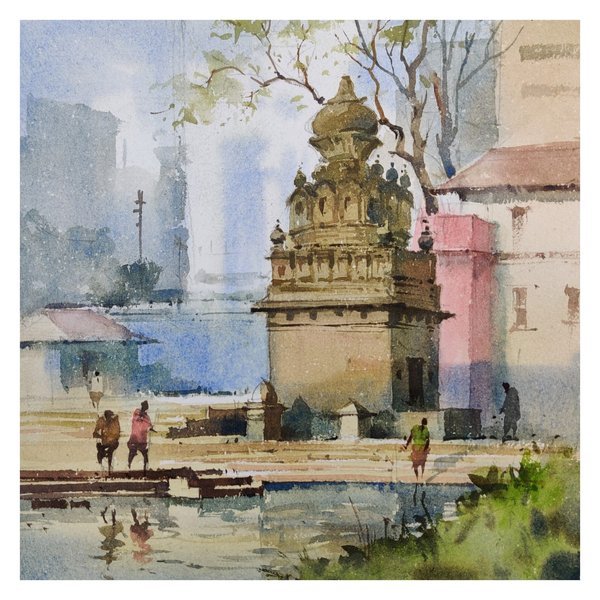Krishna River Ghat Serenity | Heritage Watercolor Wall Art