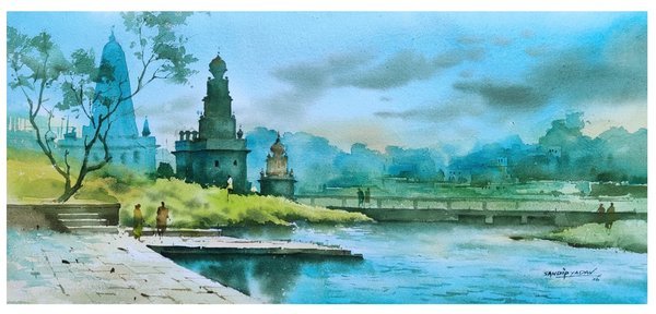Krishna River Ghat | Watercolor Riverside Temple Art