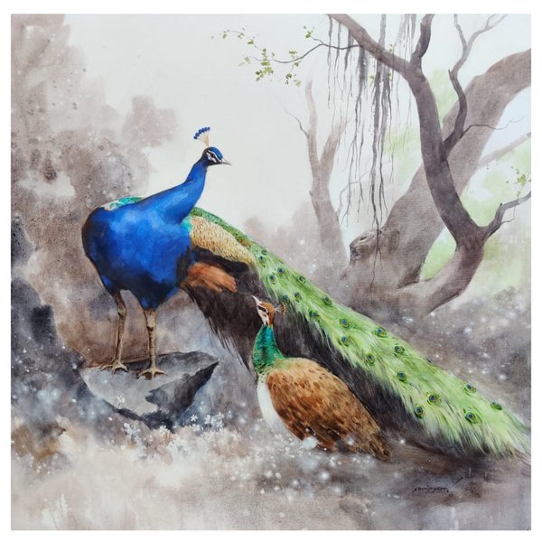 Peacock Couple | Colorful Peacock Pair Bird Painting