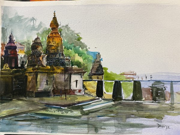 Wai Ghat | Temple Riverside Watercolor Art