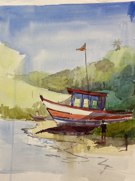 Boat Painting | Coastal Watercolor Landscape Art
