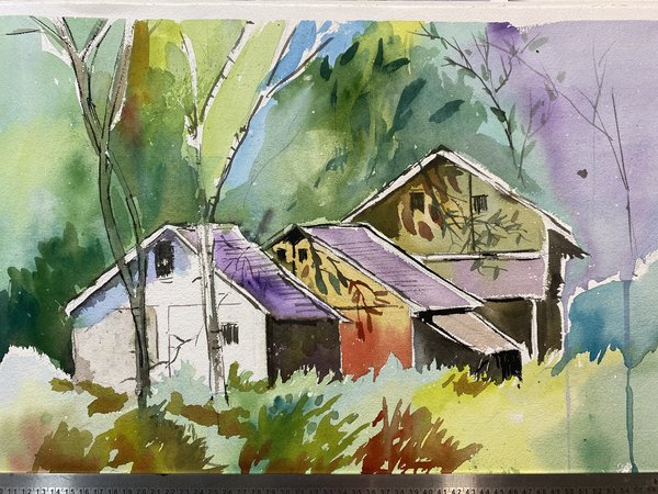 Houses | Rural Landscape Watercolor Painting