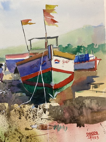 Green Boat | Indian Coastal Watercolor Painting