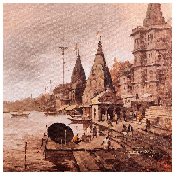 Sacred Riverfront Ghats | Traditional Indian Temple Painting