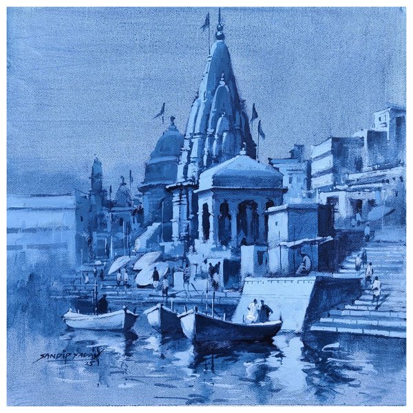 Riverfront Darshan | Blue Monochrome Sacred Temple Art