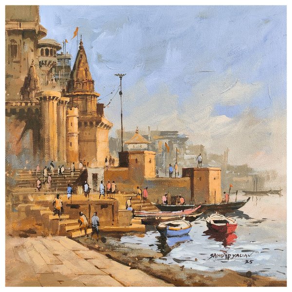 Golden Ghats In Morning Light | Indian Temple Painting