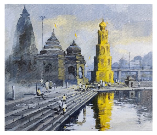 Sacred Ghat In Golden Light | Temple Landscape Painting