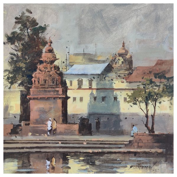 Riverside Temple Heritage | Architectural Landscape Painting
