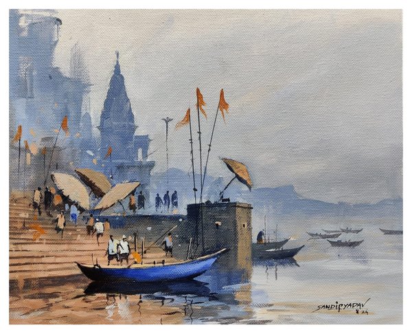 Saffron Whispers On The Ghat | Varanasi Painting on Canvas
