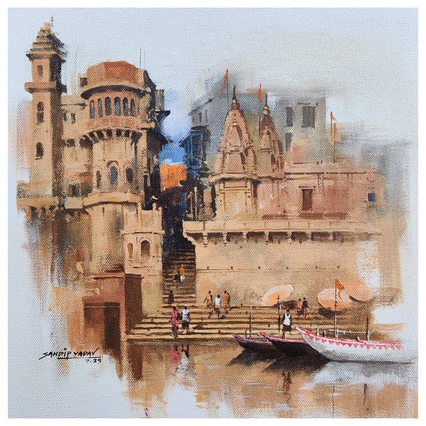 Temple Reflections At Varanasi | Heritage Painting
