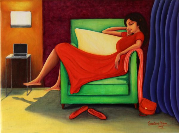 Relaxed - Woman In Red Relaxing On Sofa