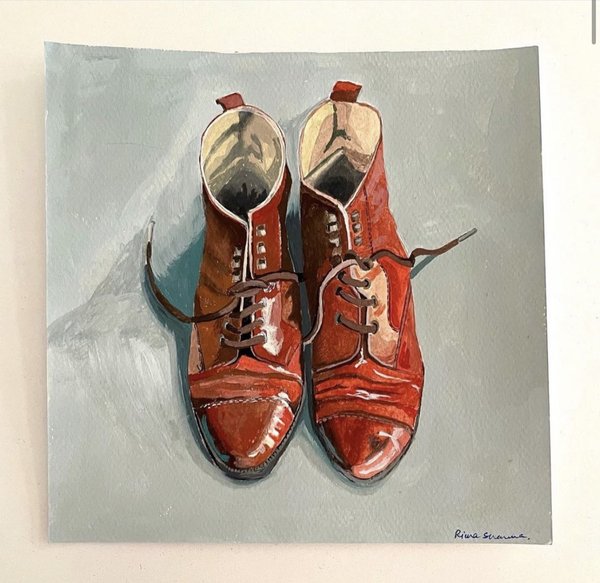 Worn red shoes still life painting